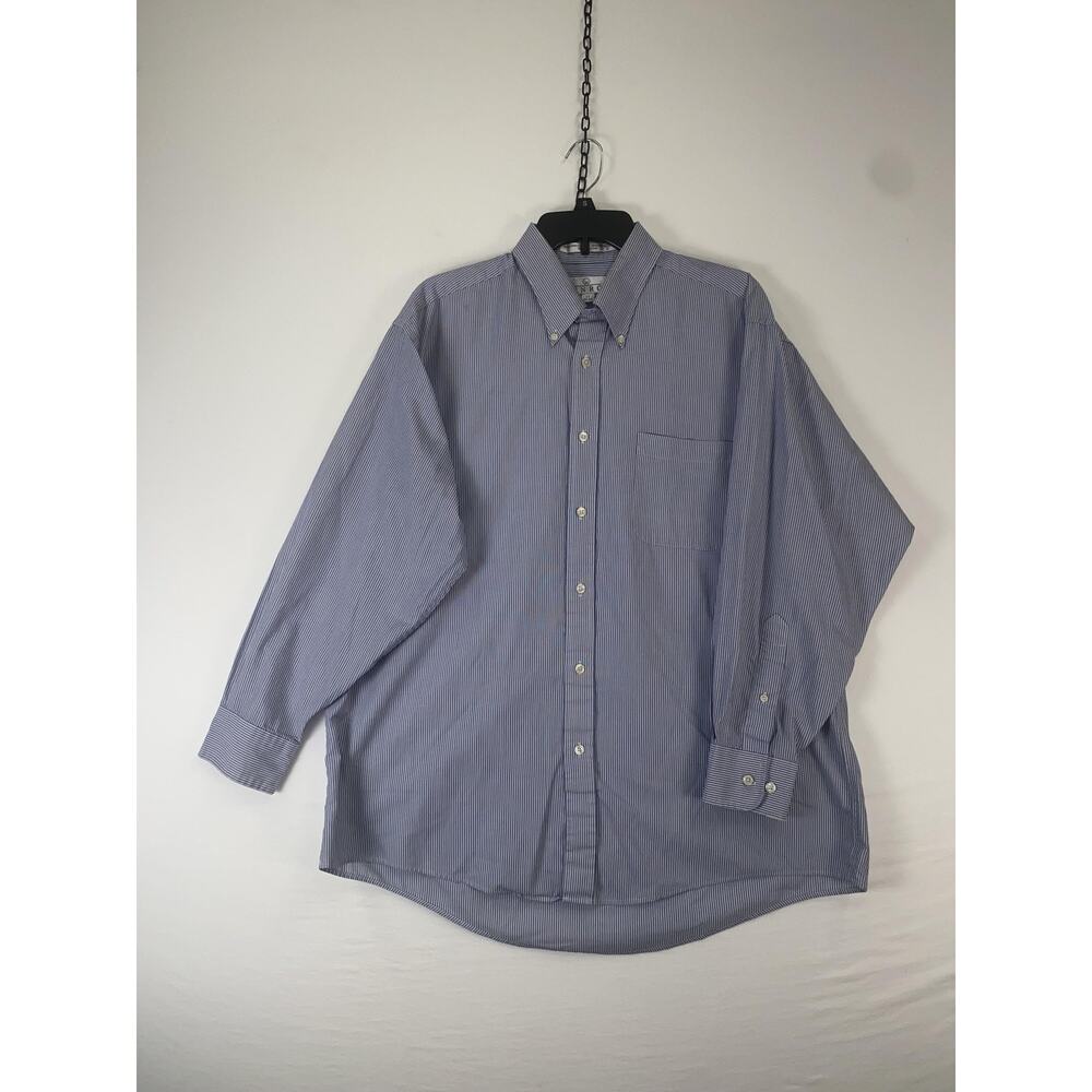 ENRO Dress Shirt Mens 17 32/33 Blue Striped Cotton Blend Button Down Long Sleeve